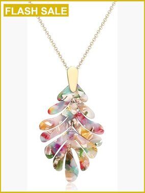 Long Statement Leaf Charm Necklace Tortoise Resin Palm Leaf Earrings Set